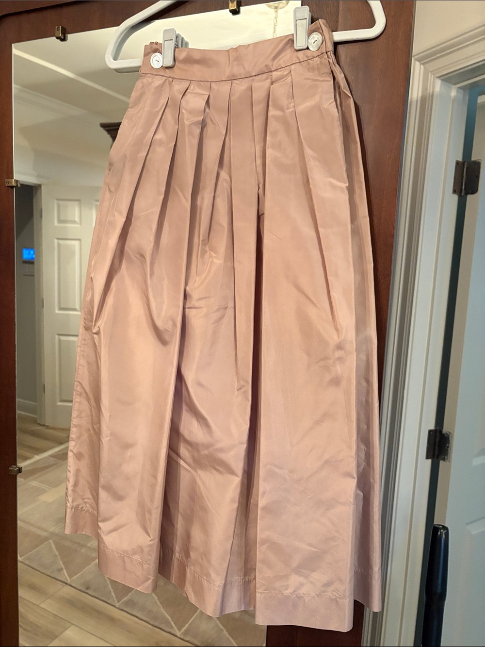 Pleated Midi Skirt in soft tan - 100% Silk 
Fully lined.  With long sash tie.